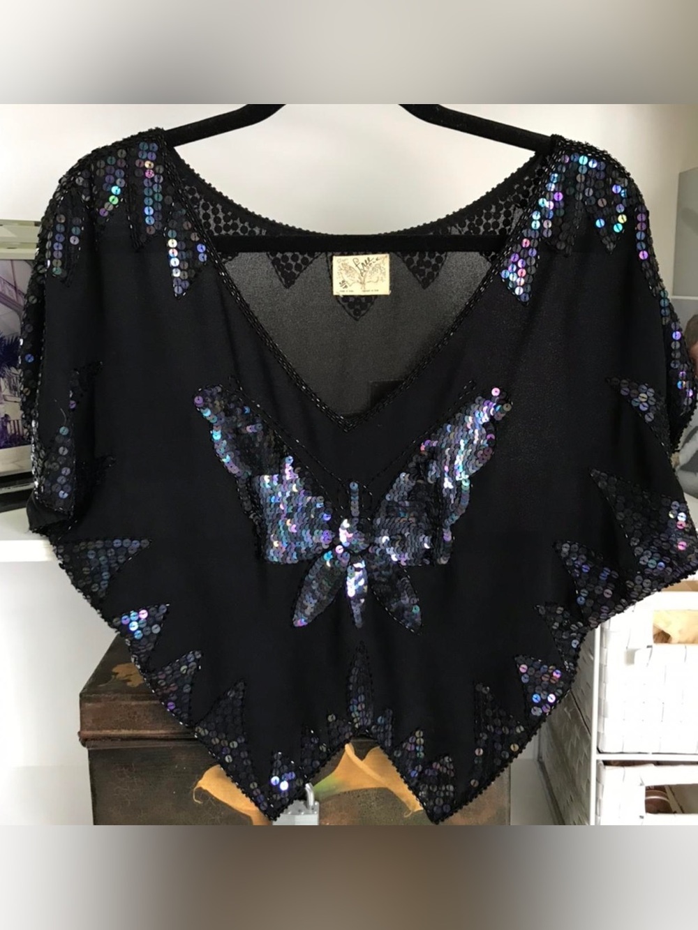 Free People Black Sequin Butterfly poncho top